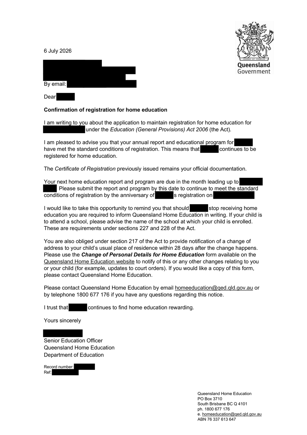Redacted Queensland Home Education letter confirming a home education annual report met the standard conditions of registration