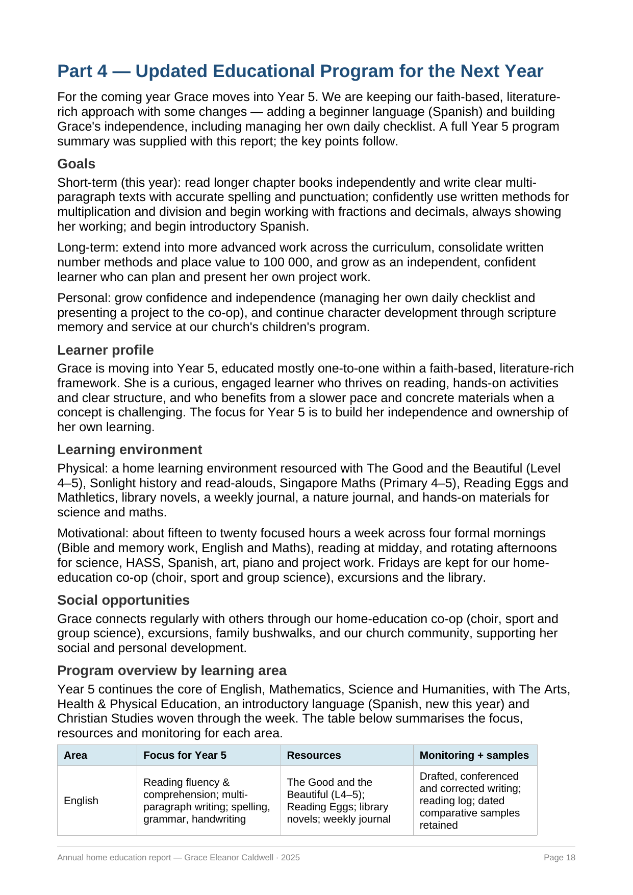 Grace's next-year program — goals, learner profile and environment