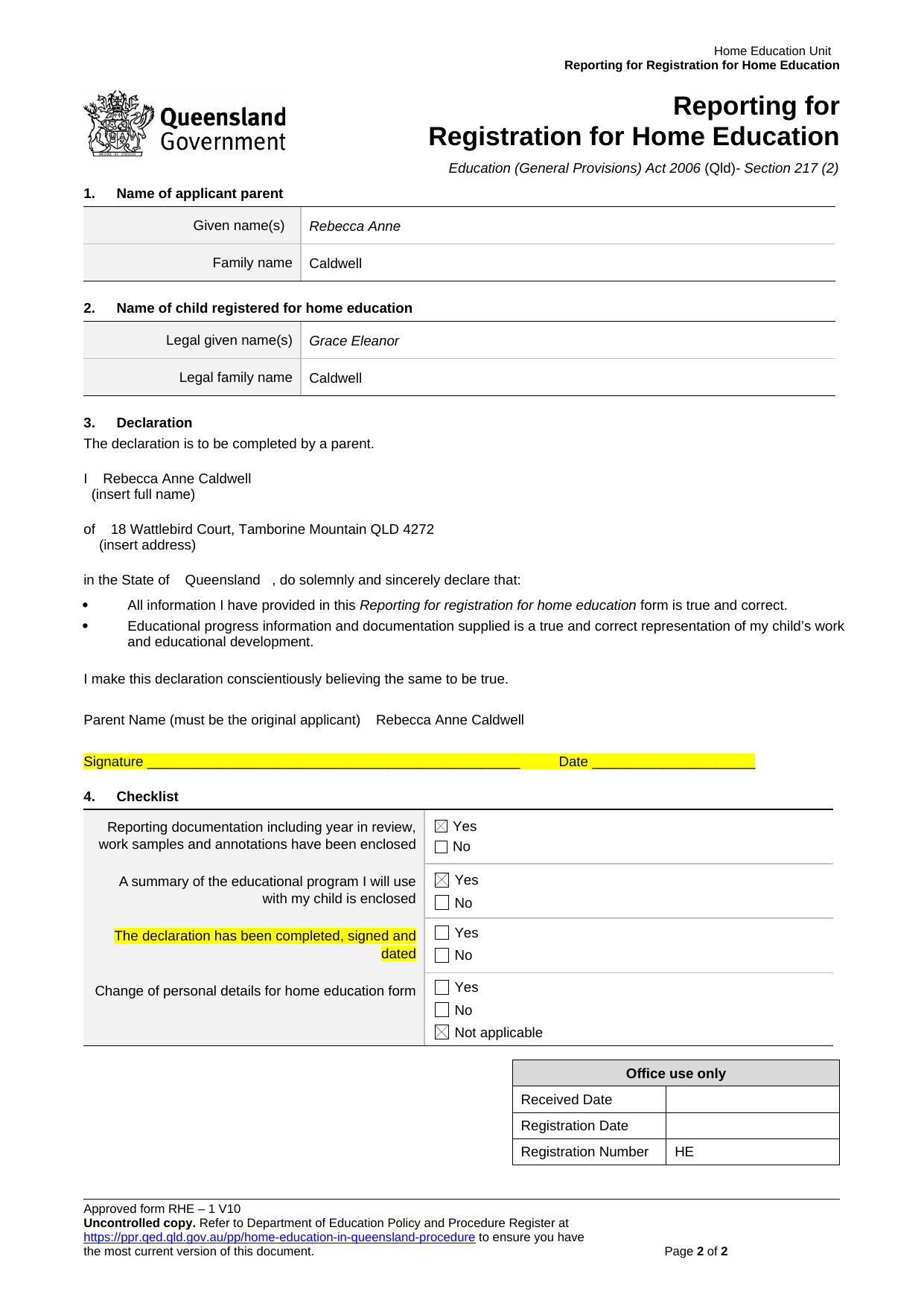 Grace's report page 2 — the parent declaration, with the signature and tick highlighted in yellow