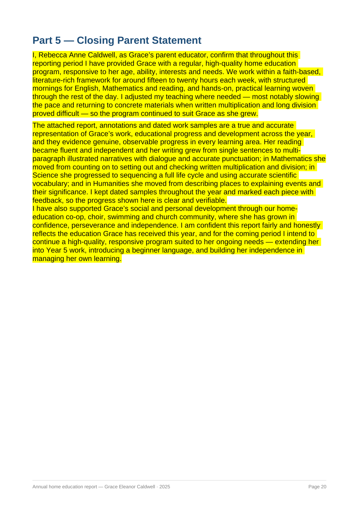 Grace's closing statement, highlighted on its own page