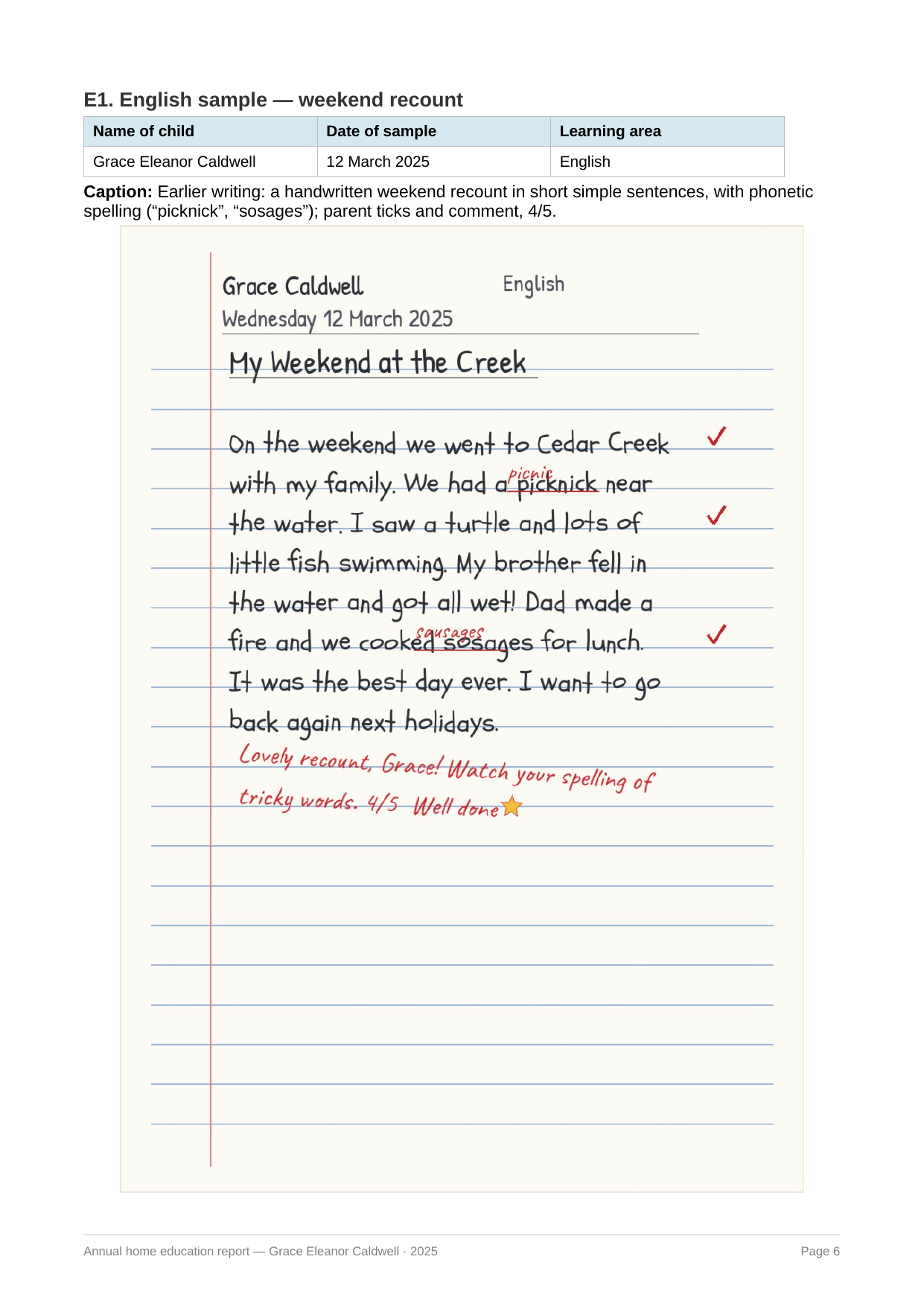 Grace's earlier English sample — a weekend recount